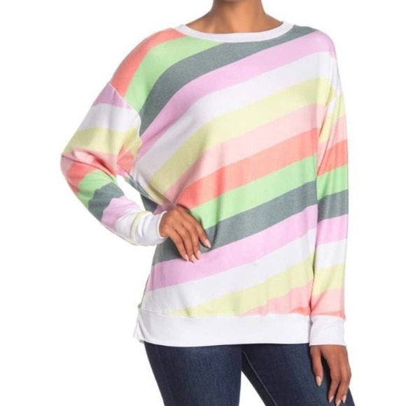 WILDFOX Road Trip Striped Vintage Varsity Fabric Long Sleeve Sweater Rainbow - Picture 2 of 11